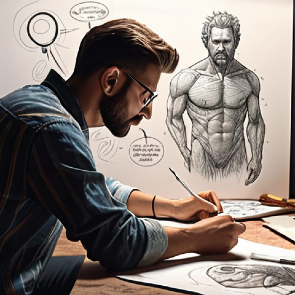 **

*   A character designer passionately working, surrounded by sketches and digital tools. Show creativity and imagination.

**