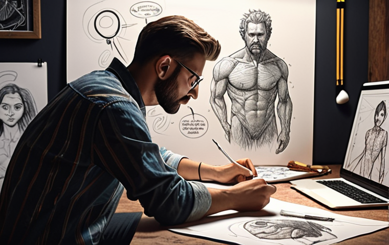 **
* A character designer passionately working, surrounded by sketches and digital tools. Show creativity and imagination.
**