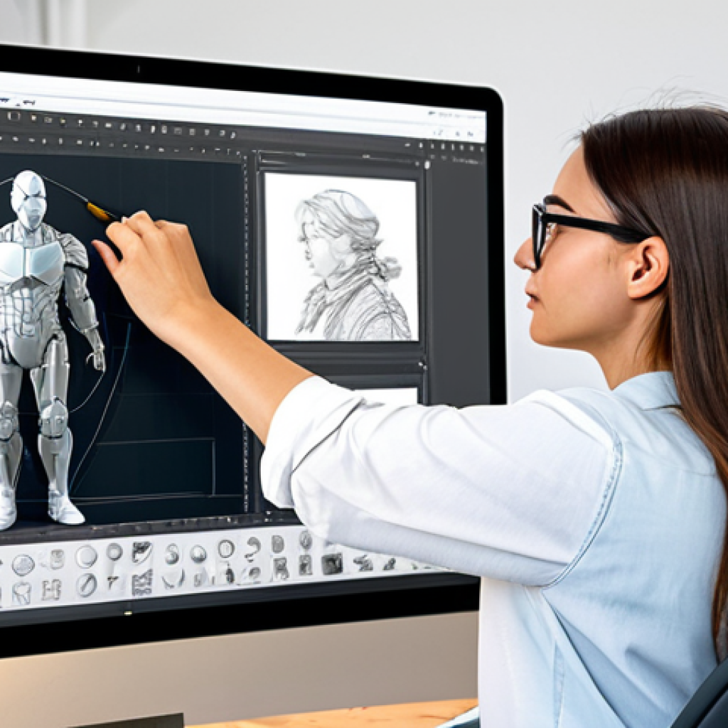 **Prompt:** A professional character designer, a focused woman, meticulously working on a large digital drawing tablet in a bright, organized studio. She is surrounded by a mix of traditional concept art sketches and screens displaying various 3D modeling software interfaces. The scene highlights her creative process, blending modern tools with artistic vision, reflecting continuous learning and innovation in character design. She is fully clothed in modest, comfortable professional attire. The image captures the essence of a modern artist at work. Safe for work, appropriate content, fully clothed, professional, perfect anatomy, natural pose, correct proportions, well-formed hands, natural body proportions, high quality photography, sharp focus.