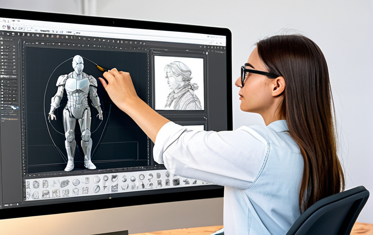 **Prompt:** A professional character designer, a focused woman, meticulously working on a large digital drawing tablet in a bright, organized studio. She is surrounded by a mix of traditional concept art sketches and screens displaying various 3D modeling software interfaces. The scene highlights her creative process, blending modern tools with artistic vision, reflecting continuous learning and innovation in character design. She is fully clothed in modest, comfortable professional attire. The image captures the essence of a modern artist at work. Safe for work, appropriate content, fully clothed, professional, perfect anatomy, natural pose, correct proportions, well-formed hands, natural body proportions, high quality photography, sharp focus.