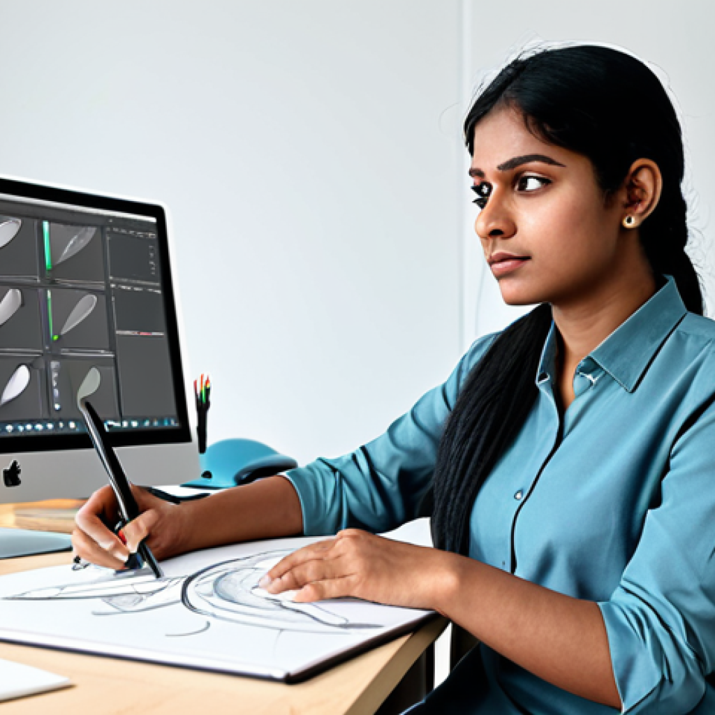 A focused professional character designer, a South Asian woman, wearing a modest, modern business casual outfit, sitting at a clean desk in a brightly lit digital art studio. She is sketching on a graphics tablet, with a large monitor displaying 3D character models in the background. The studio is organized with sketchbooks and art supplies. Perfect anatomy, natural pose, correct proportions, well-formed hands, proper finger count. Professional photography, high resolution. safe for work, appropriate content, fully clothed, modest.