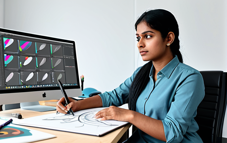 A focused professional character designer, a South Asian woman, wearing a modest, modern business casual outfit, sitting at a clean desk in a brightly lit digital art studio. She is sketching on a graphics tablet, with a large monitor displaying 3D character models in the background. The studio is organized with sketchbooks and art supplies. Perfect anatomy, natural pose, correct proportions, well-formed hands, proper finger count. Professional photography, high resolution. safe for work, appropriate content, fully clothed, modest.