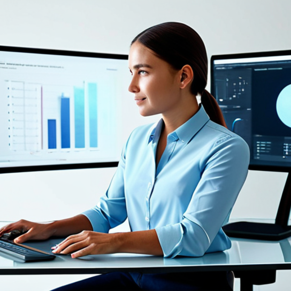 A professional female digital artist, fully clothed in a modest, modern business casual outfit, sitting gracefully at a high-tech desk in a sleek, minimalist design studio. Holographic displays float around her, showcasing diverse, beautifully rendered character concept art generated by AI. Her hand is poised to interact with a translucent interface, demonstrating creative collaboration with technology. The setting is bathed in soft, professional ambient lighting, creating a calm and inspiring atmosphere. Perfect anatomy, correct proportions, natural pose, well-formed hands, proper finger count, natural body proportions, professional photography, high quality, safe for work, appropriate content, family-friendly.