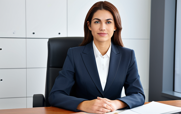 캐릭터 디자인 작업 의뢰 받는 방법 - **Image:** A professional businesswoman in a modest business suit, sitting at a desk in a modern off...