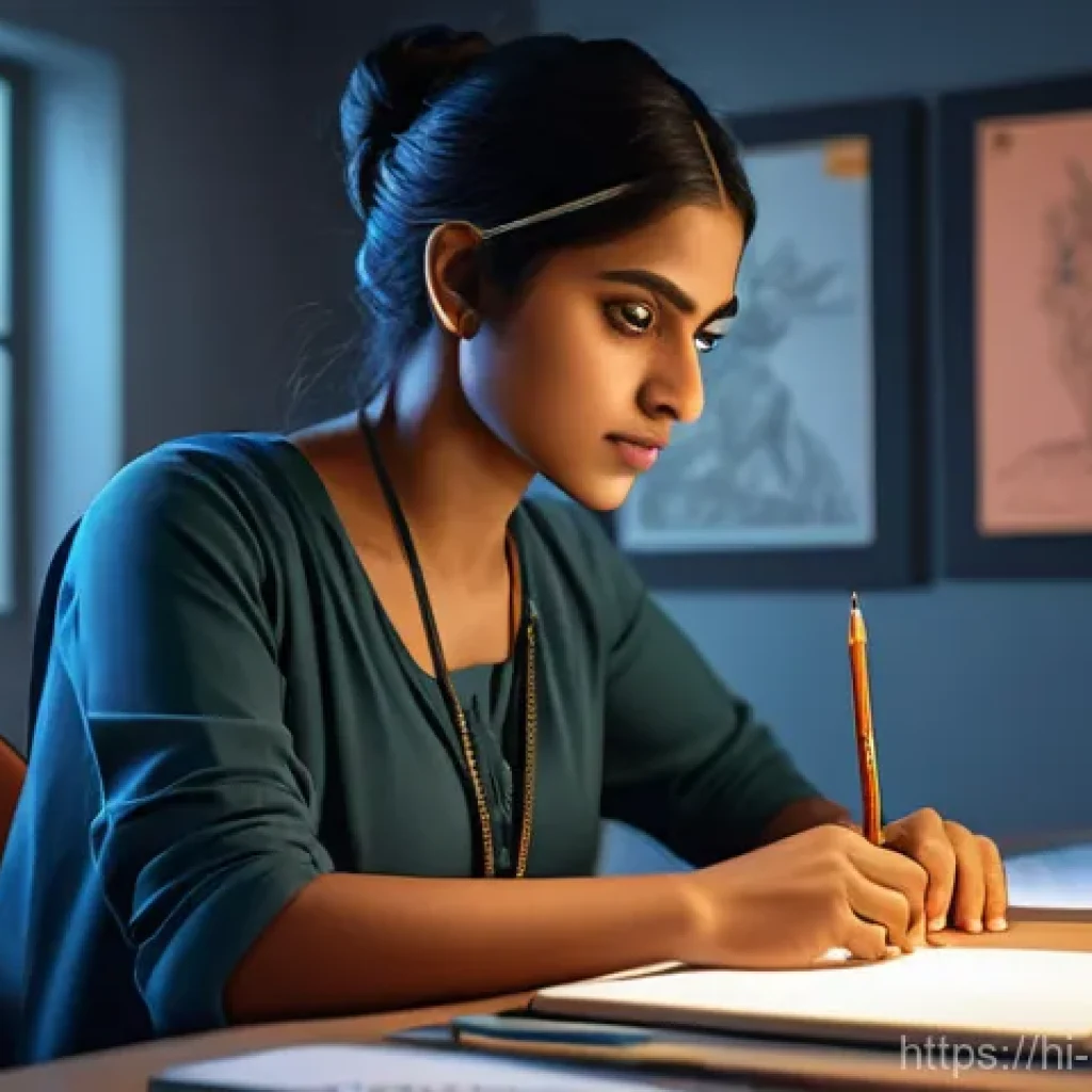 캐릭터 디자인 자격 취득 절차 - A professional character designer, a young woman of Indian origin, with a focused expression, intent...