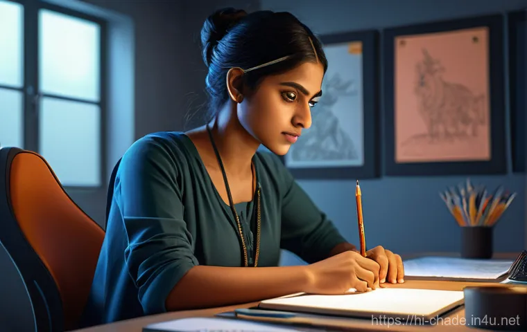 캐릭터 디자인 자격 취득 절차 - A professional character designer, a young woman of Indian origin, with a focused expression, intent...