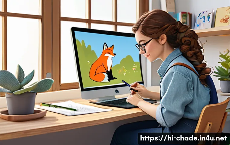 캐릭터 디자인 도구 관리법 - **Prompt 1: Creative 2D Character Designer at Work**
    "A young, energetic female artist in her la...
