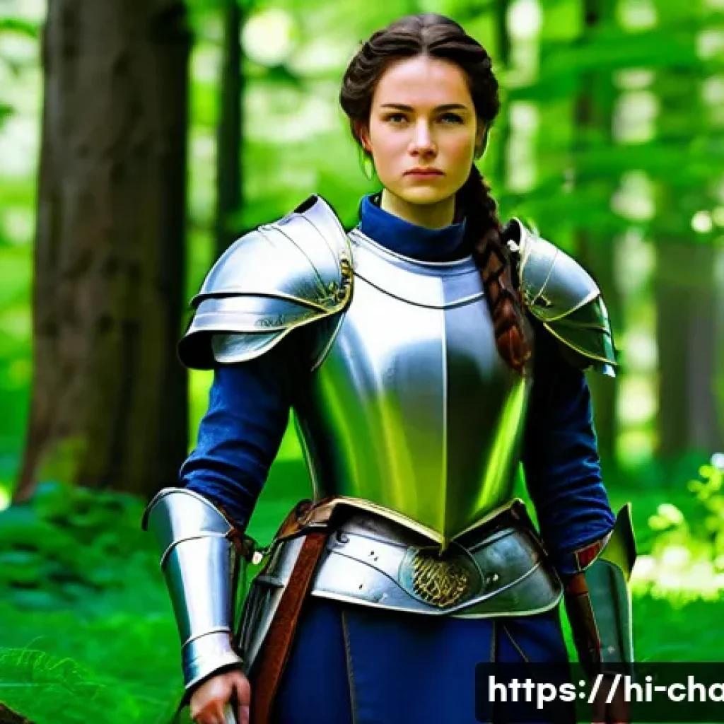 캐릭터 디자인 초급 강의 만들기 - **Prompt:** A brave female knight in intricate, slightly worn silver plate armor over a sturdy, dark...