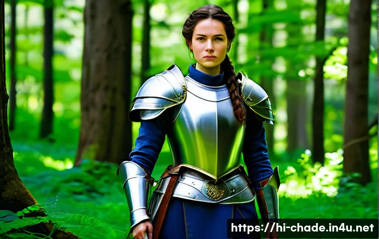 캐릭터 디자인 초급 강의 만들기 - **Prompt:** A brave female knight in intricate, slightly worn silver plate armor over a sturdy, dark...