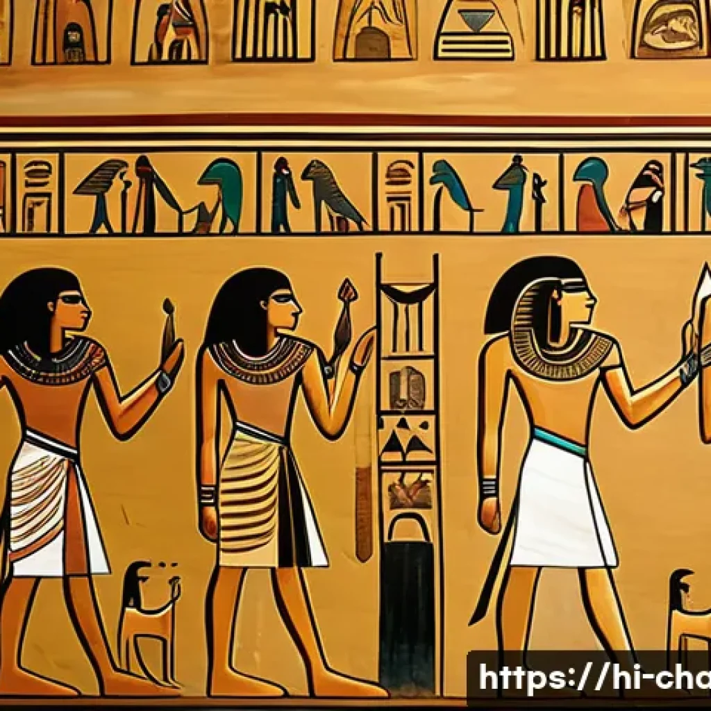 캐릭터 디자인의 역사적 배경 - A detailed ancient Egyptian mural scene inside a pyramid, depicting stylized human characters in tra...