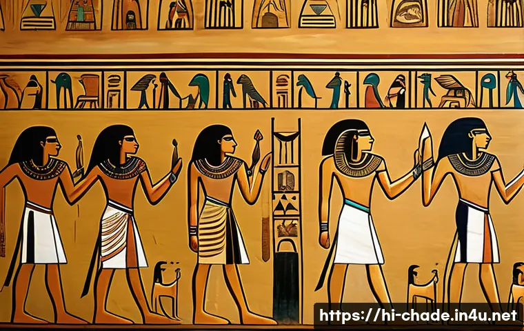 캐릭터 디자인의 역사적 배경 - A detailed ancient Egyptian mural scene inside a pyramid, depicting stylized human characters in tra...