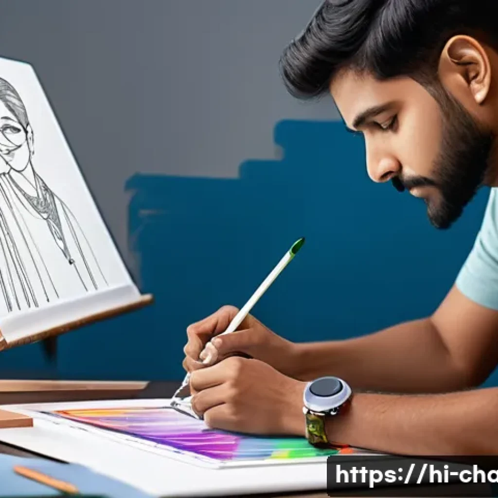 캐릭터 디자인 워크숍 후기 작성법 - A vibrant character design workshop scene featuring a young Indian artist sketching dynamic poses on...