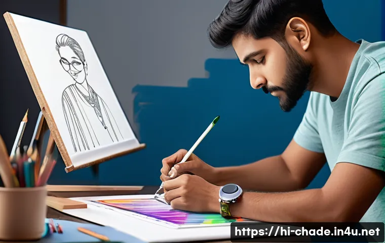 캐릭터 디자인 워크숍 후기 작성법 - A vibrant character design workshop scene featuring a young Indian artist sketching dynamic poses on...