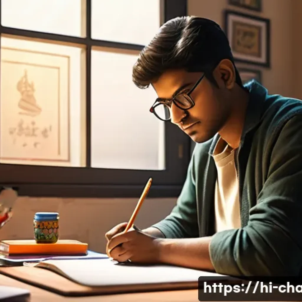 캐릭터 디자인 경력 개발 플랜 - A young Indian character designer sketching on paper, surrounded by traditional art tools like penci...