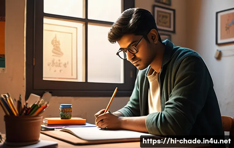 캐릭터 디자인 경력 개발 플랜 - A young Indian character designer sketching on paper, surrounded by traditional art tools like penci...