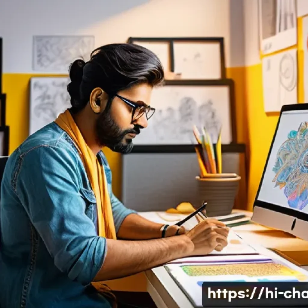 캐릭터 디자인의 실질적 취업 시장 - A creative Indian character designer at work in a vibrant studio, surrounded by digital drawing tabl...