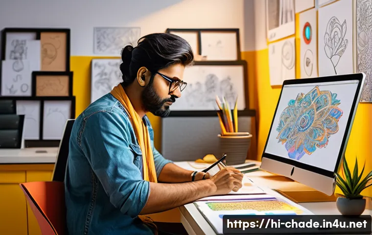 캐릭터 디자인의 실질적 취업 시장 - A creative Indian character designer at work in a vibrant studio, surrounded by digital drawing tabl...