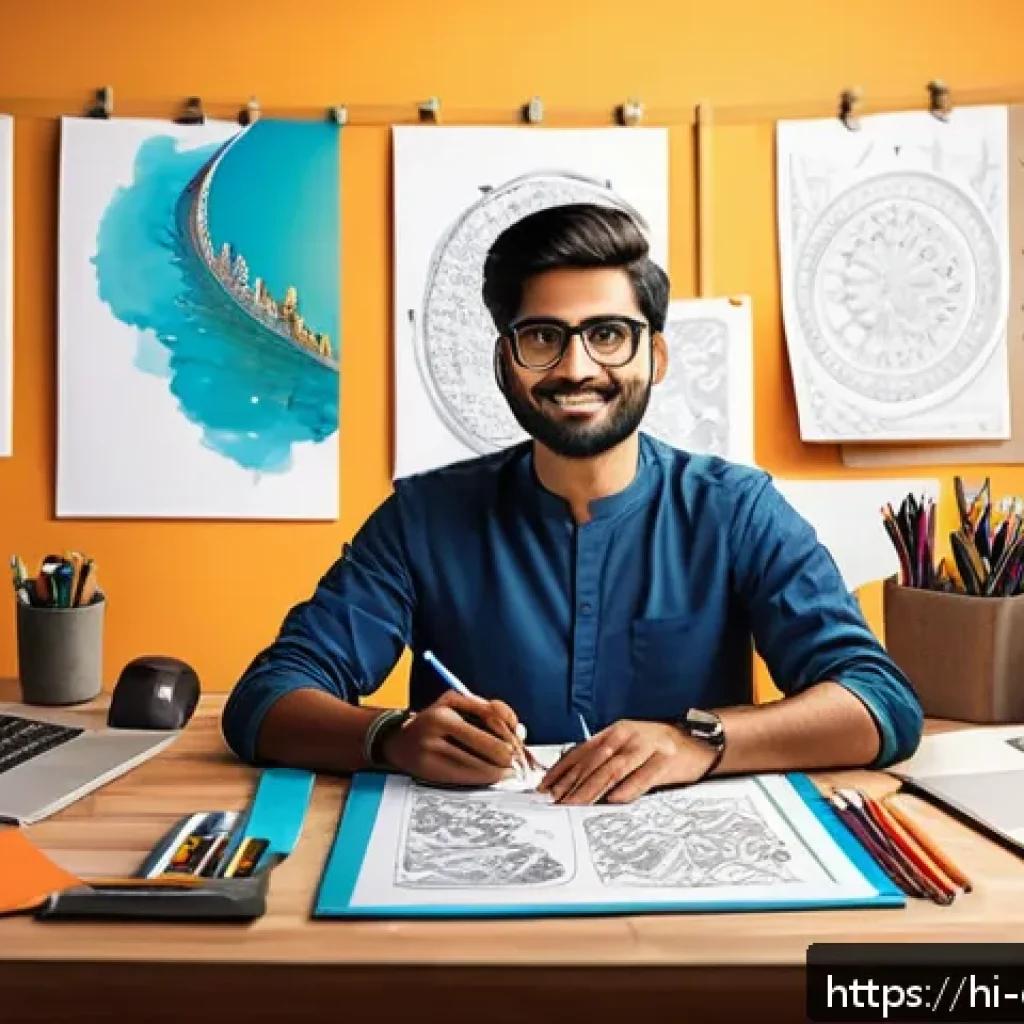 캐릭터 디자인 실습 강의 추천 - A vibrant digital illustration of a young Indian character designer sitting at a modern desk filled ...