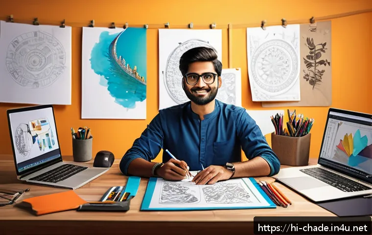 캐릭터 디자인 실습 강의 추천 - A vibrant digital illustration of a young Indian character designer sitting at a modern desk filled ...