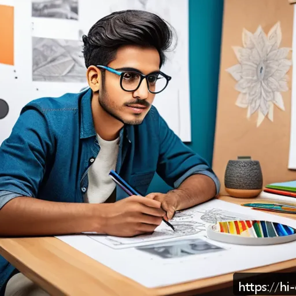 캐릭터 디자인 인턴십 기회 찾는 법 - A young Indian character designer sitting at a digital drawing tablet, wearing casual modern clothes...