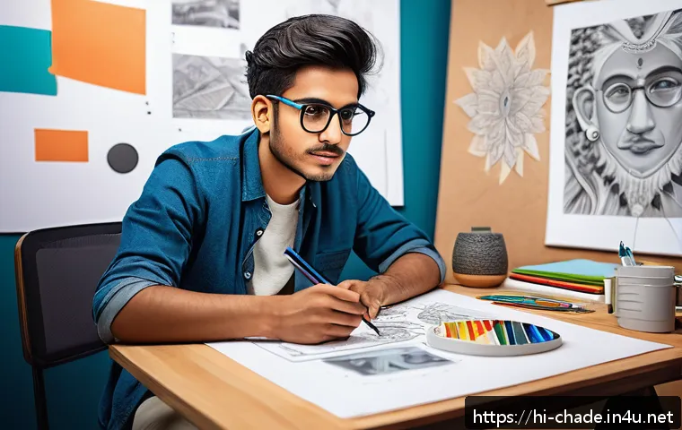 캐릭터 디자인 인턴십 기회 찾는 법 - A young Indian character designer sitting at a digital drawing tablet, wearing casual modern clothes...