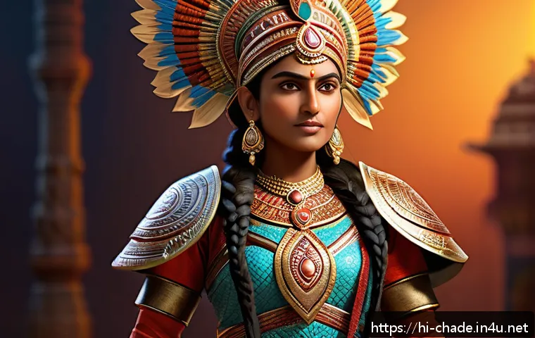 캐릭터 디자인의 미래 전망 - A highly detailed 3D character model of an Indian-inspired fantasy warrior woman wearing intricately...