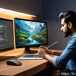 Home 19 캐릭터 디자인 실무에서 자주 쓰이는 툴 - A detailed digital artist workspace scene featuring a Hindi-speaking creative individual using a hig...