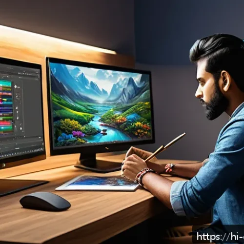 Home 31 캐릭터 디자인 실무에서 자주 쓰이는 툴 - A detailed digital artist workspace scene featuring a Hindi-speaking creative individual using a hig...