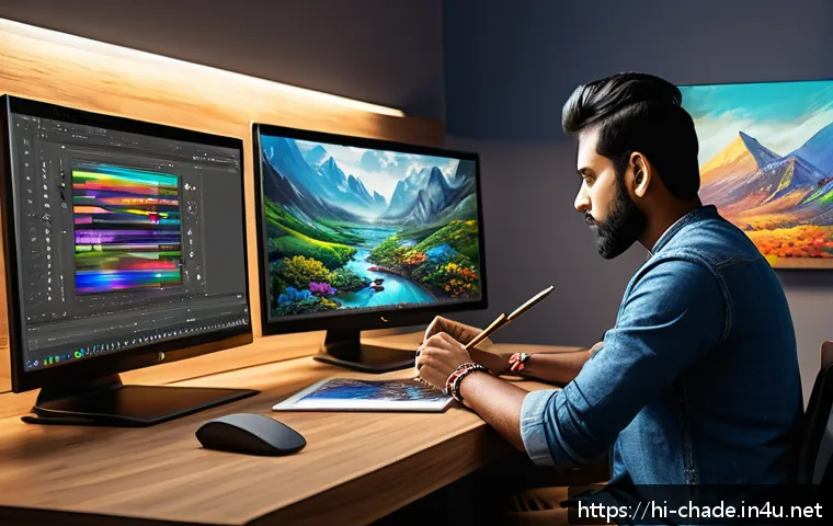 캐릭터 디자인 실무에서 자주 쓰이는 툴 - A detailed digital artist workspace scene featuring a Hindi-speaking creative individual using a hig...