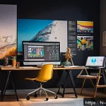 Home 18 캐릭터 디자인 프로젝트 관리 실무 - A detailed character designer’s creative workspace in a modern studio, featuring a large digital dra...
