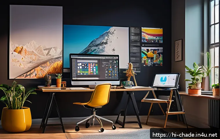 캐릭터 디자인 프로젝트 관리 실무 - A detailed character designer’s creative workspace in a modern studio, featuring a large digital dra...