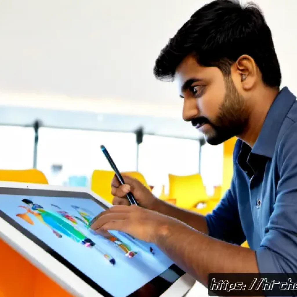 캐릭터 디자인의 글로벌 대회 참가 후기 - Photorealistic candid scene of a young Indian character designer reviewing a vibrant portfolio on a ...