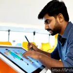 Home 23 캐릭터 디자인의 글로벌 대회 참가 후기 - Photorealistic candid scene of a young Indian character designer reviewing a vibrant portfolio on a ...