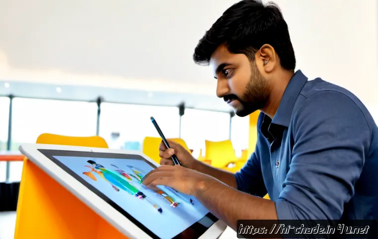 캐릭터 디자인의 글로벌 대회 참가 후기 - Photorealistic candid scene of a young Indian character designer reviewing a vibrant portfolio on a ...