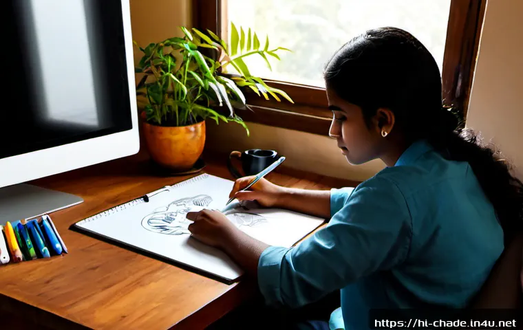 캐릭터 디자인 프리랜서의 하루 - Photorealistic morning scene of a young Indian character design freelancer working at a tidy home st...